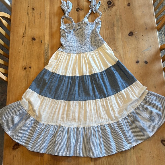 Rebellion Again Cottage Core Maxi Blue and White Comfy Striped Dress with bows - Picture 2 of 4